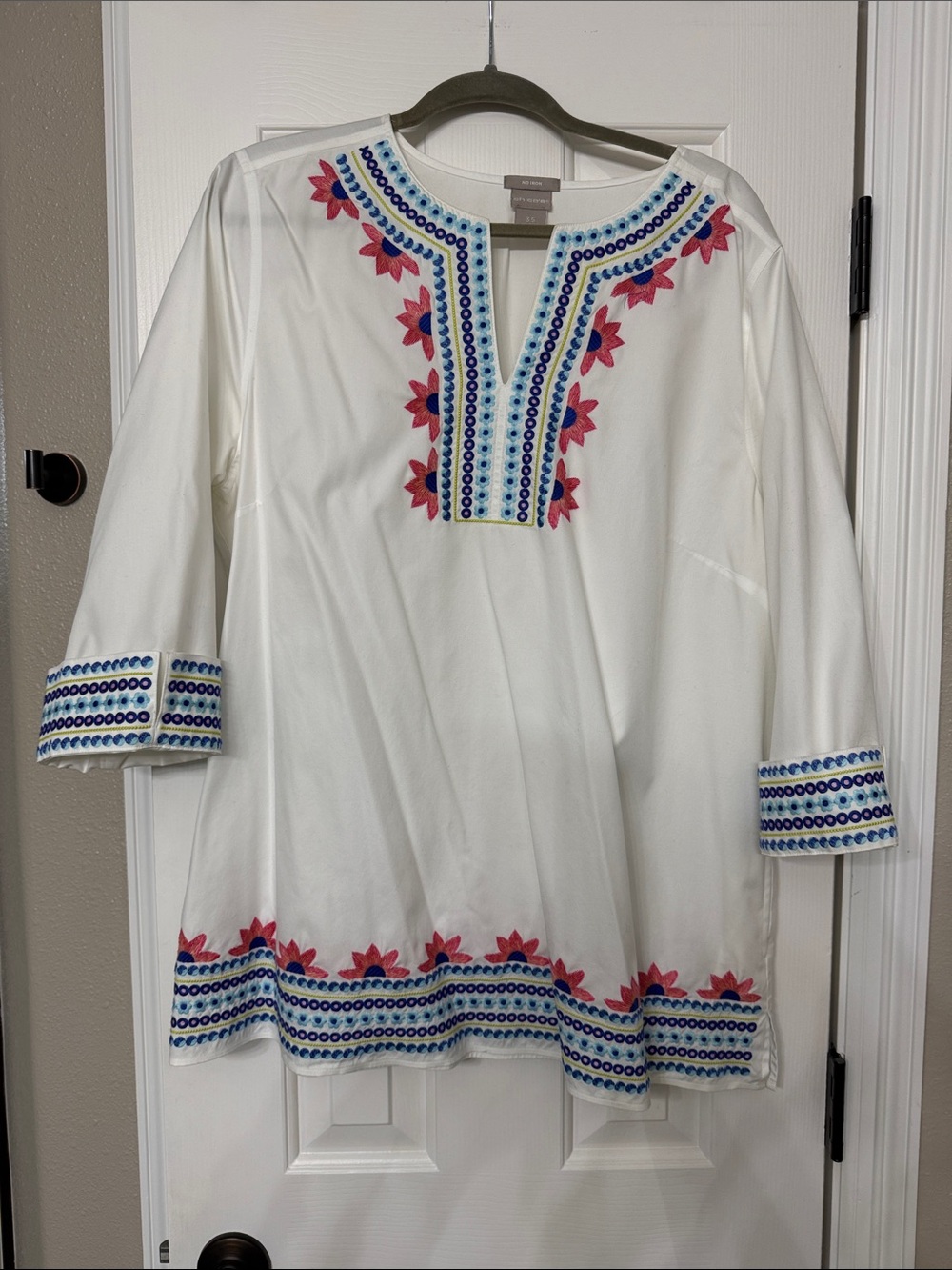 Chico's White Tunic with Blue Floral Embroidery